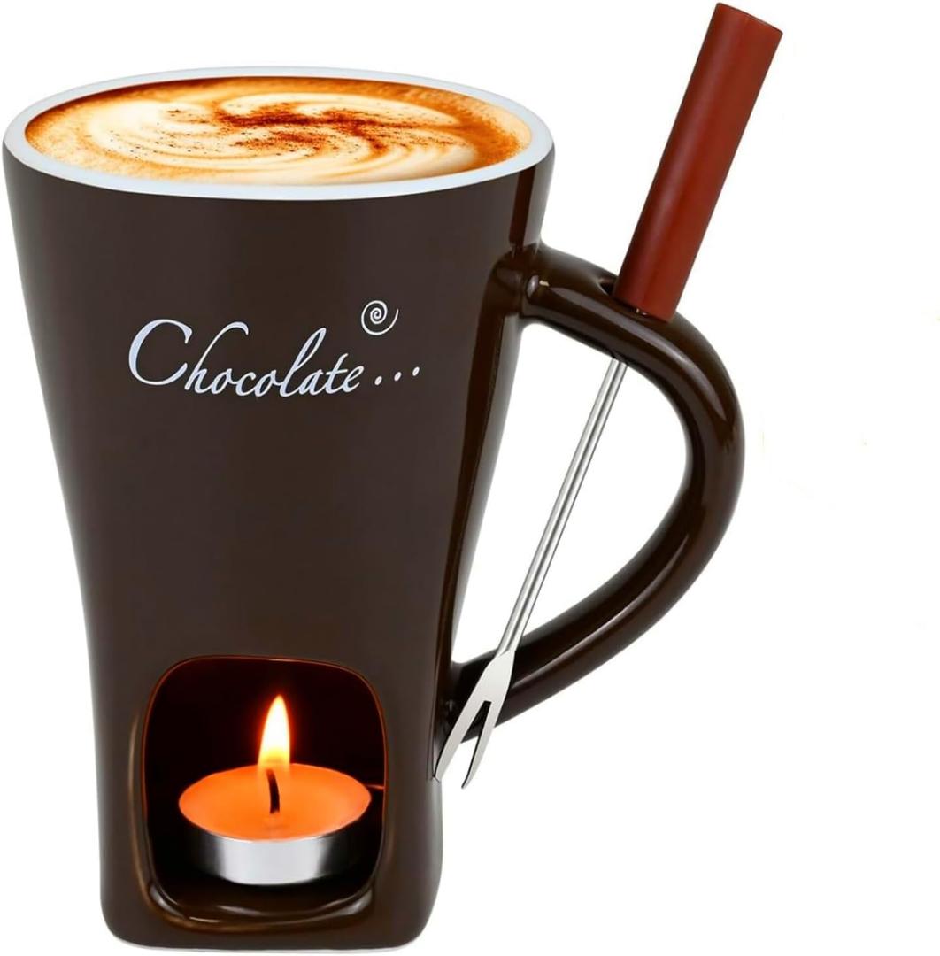 Chocolate Melting Mug Cheese Candy Mini Fondue Pot With Forks (Brown)