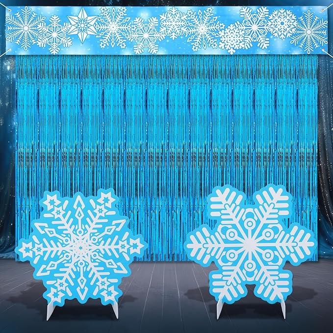 Youyole 5 Pcs Winter Snow Birthday Party Supply Include Blue Tinsel Foil Fringe Curtain Snowflake Cardboard Cutout Blue White Snowflake Banner Photo Backdrop for Winter Christmas Wonderland Decoration