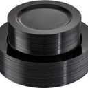 FLOWERCAT 100PCS Black Plastic Plates - Heavy Duty Black Disposable Plates for Halloween Party/ New Year/ Wedding - serve 50guests 10.25inch and 7.5inch Set