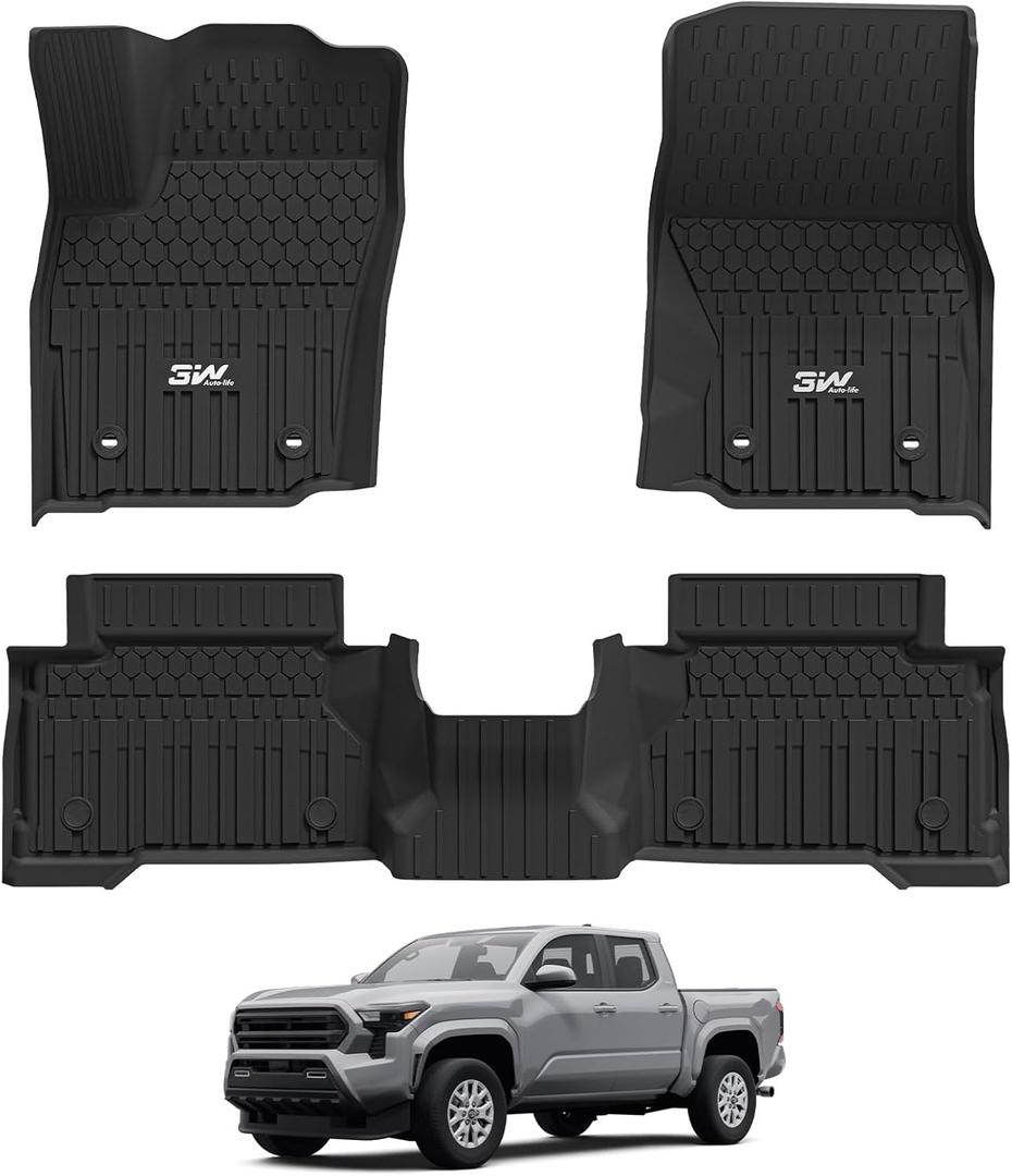 3W Floor Mats Fit for Toyota Tacoma Hybrid 2024 2025 2026, TPE All Weather Custom Fit Floor Liner for Tacoma Accessories 1st and 2nd Row Full Set Car Mats Easy Clean, Black(Only for Hybrid)