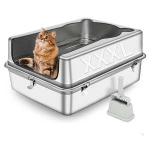 Extra Large Stainless Steel Cat Litter Box, 27.5" L x 19.7" W x 12" H XXXL Semi Enclosed Removable Metal Litter Tray with High Sided Enclosure, Scoop, Anti-Leakage, Non-Sticky, Easy Cleaning