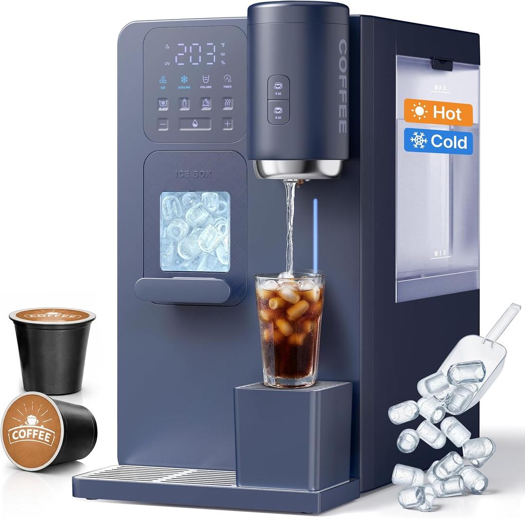 3-in-1 Water Dispenser with Ice Maker - Hot/Cold/Warm Water, Adjustable Water Volume, Countertop, Compact Coffee Brewer for Home & Office, Deep Navy