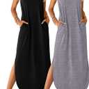 Ficerd 2 Pcs Women's Maxi Dresses Summer Sleeveless Beach Long Dress V Neck Casual Loose Split Sundress with Pockets (XXL)