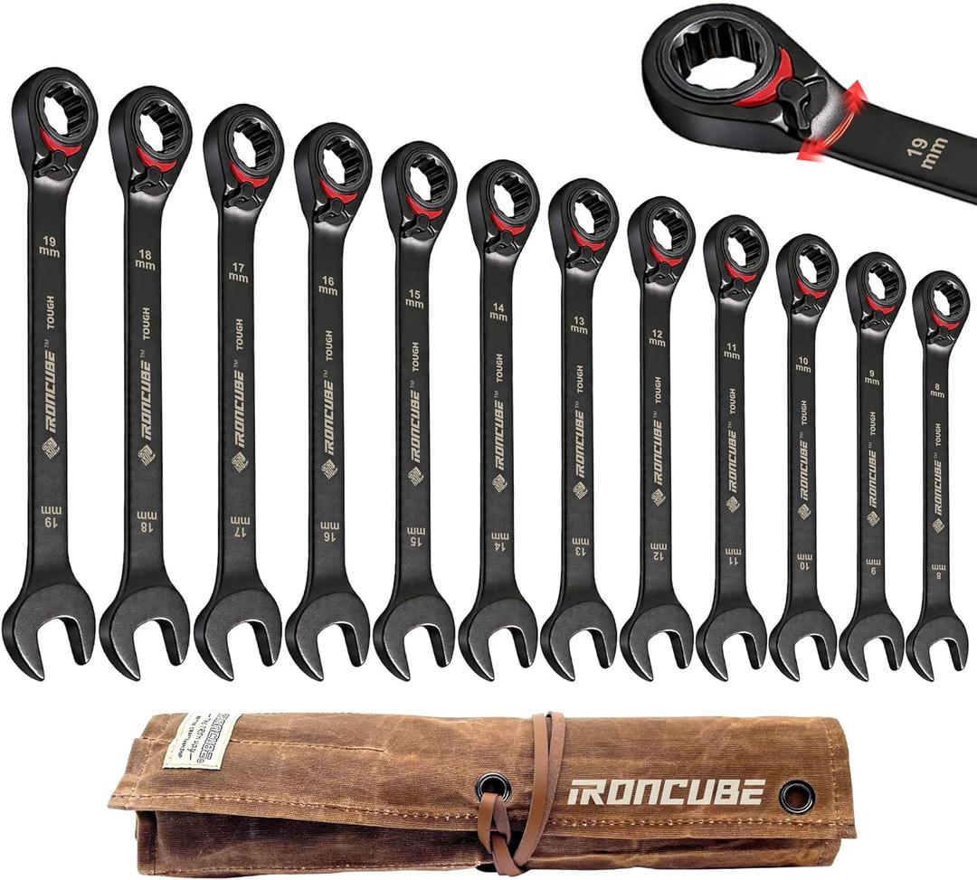 ironcube Reversible Ratcheting Wrench Set: 12-Piece Metric 8-19mm - Tough Black - Wax Canvas Storage Bag - Automotive and Motorcycle Repair Tools