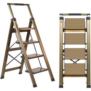 XinSunho 4 Step Ladder, Aluminum 4 Step Stool with Retractable Handrail and Anti-Slip Wide Pedal, Folding Stool Ladders 4 Steps, 330lbs Safety Household Slim Ladder (Brown Gold)
