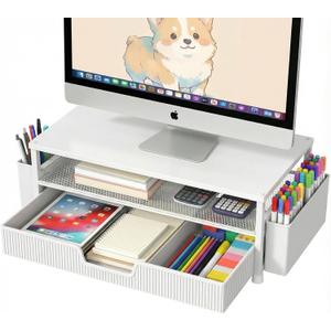 ECOLOVI Desk Organizer and Accessories, 2-Tier Computer Monitor Stand Rise with Storage Drawer & 2 Pen Holders, Laptop & Printer Stand for Desktop, Workspace Organizers for Office Supplies (White)