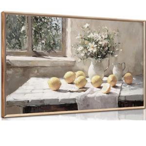 XXOUYLQ Vintage Kitchen Wall Art Yellow Lemon Still Life Pictures Daisy oil Painting Poster Rustic Farmhouse Artwork Posters White vase Canvas Bedroom Bathroom Wall Decor Kitchen Prints frame 16x32in