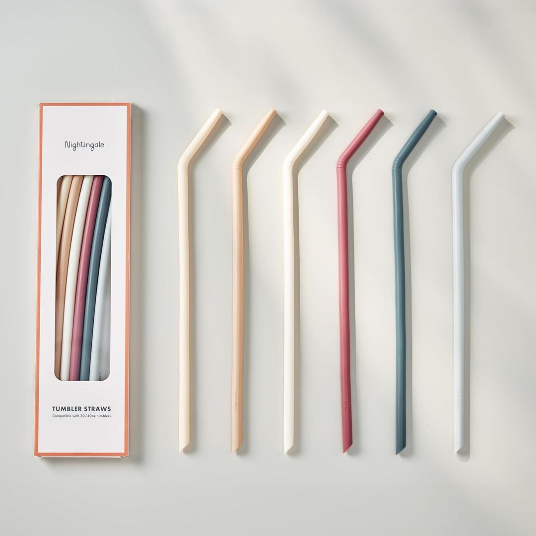 Nightingale 14 Silicone Tumbler Straws - Compatible with Stanley 40 oz cup - Reusable Flexible Long Bendy Drinking Straw with Cleaning Brush for Tall Tumblers - Food-Safe - Set of 6 Oak