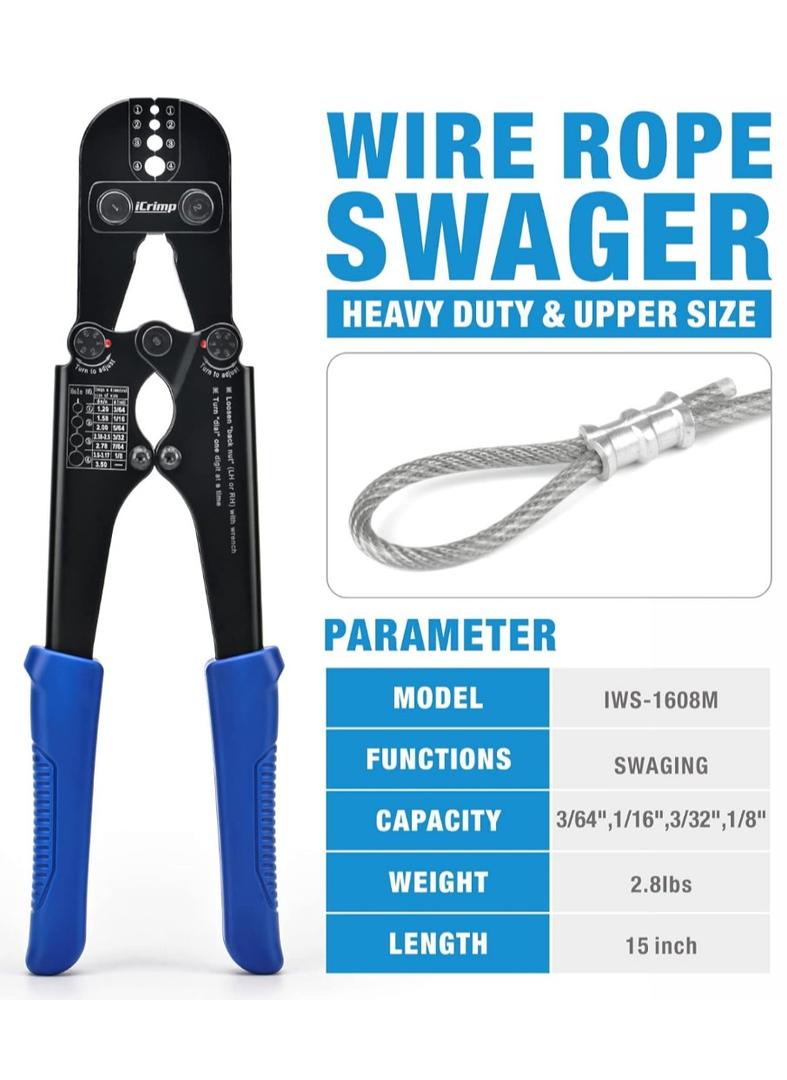 iCrimp Wire Rope Crimping Tool for Aluminum Loop Sleeve, Barrel Ferrule, Oval Sleeves, 3/64 in to 1/8 in, Swaging Tool Kit with Wire Rope Cutter