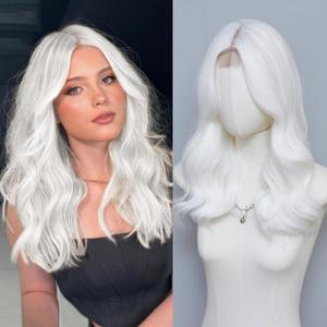 MORICA White Wigs for Women 18 Inch Middle Part Medium Length Short Curly Wavy Wigs,Natural Synthetic Hair Womens Wigs for Daily Party/Halloween Use18inchWhite