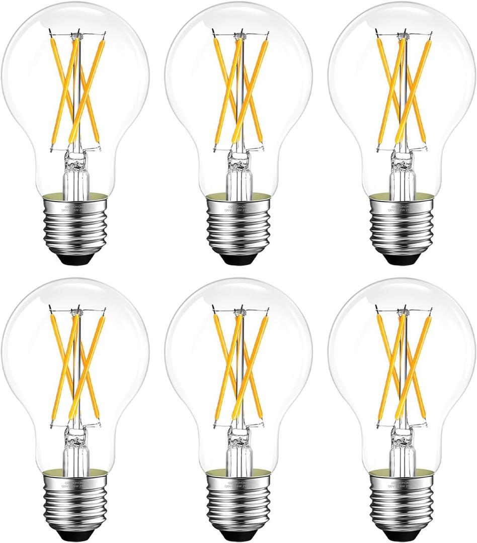 GvvooHome Dimmable E26 LED Bulb 6W, 60 watt Equivalent, Vintage LED Edison Bulbs 2700K Soft White, A19 Clear Glass LED Light Bulb for Ceiling Fan, 90+CRI, 600LM, 6 Pack