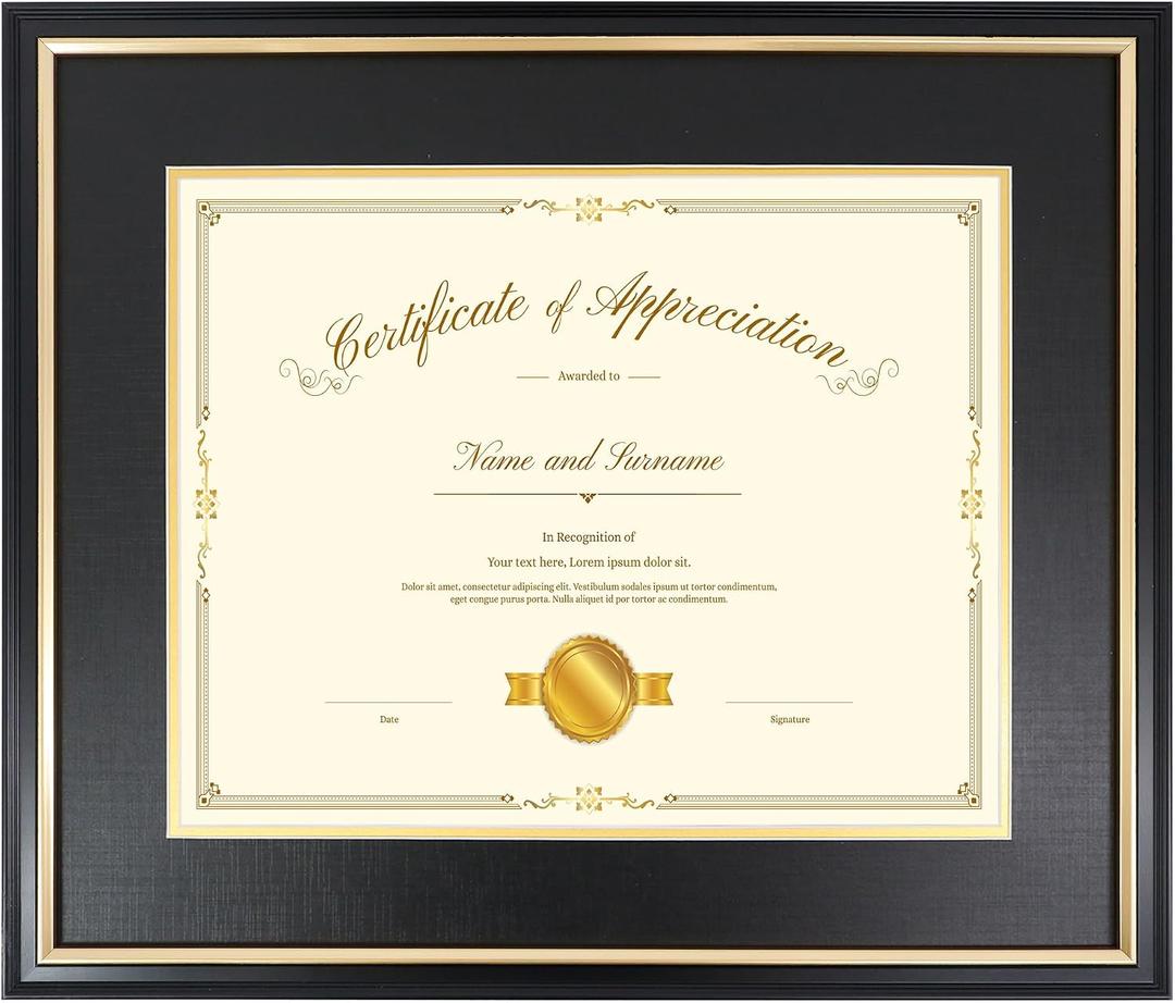 15x18 Diploma Frame for 11x14 Certificate/Document/Picture with Black and Gold Mat, Solid Wood Degree Frame, UV Protection Acrylic Wall Display