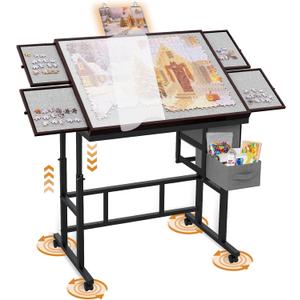 Jigsaw Puzzle Table with Drawers  6,1500pcs Adjustable Height and Five up Angles Puzzle Tables for Adults with Drawers,Cover,Wheels for Indoor Game in Winter (Coffee)