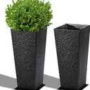 BAYN 2-Pack 24" Tall Metal Planter Hand-Hammered Textured Large Black Flower Pots Box with Saucer for Outdoor&Indoor, Garden, Porch, Patio, Yard with Pre-Drilled Drainage Holes
