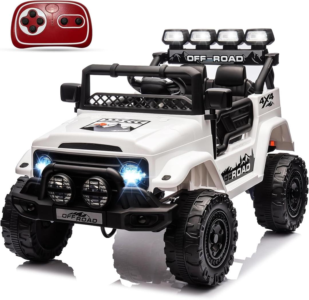12V Kids Ride On Car for Kids Ages 37-96 Months, Electric Truck Ride On Toys with 5MPH Max Speed, Remote Control, Accelerator Pedal, Treaded Tires, Steering Wheel, Music and Story, White