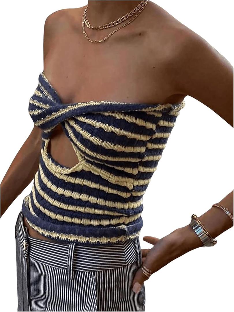 MakeMeChic Women's Knit Striped Twist Front Tube Top Strapless Cut Out Bandeau Crop Tops (XL)