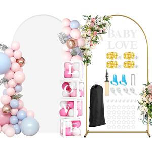 7.2FT Arch Backdrop Stand and Cover Set, Metal Arch Stand with White Cover Stretchy Backdrop, Balloon Boxes with Letters Tying Tool for Wedding Baby Shower Gender Reveal Birthday Party Decorations