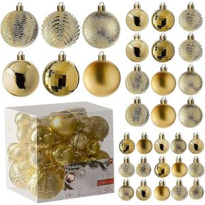 Prextex 36-Pieces Champagne Christmas Ornaments Set - Shatterproof, Festive Christmas Balls Decorations in 3 Sizes and 6 Styles with Hanging Loops for Tree, Wreath, and Dazzling Holiday Party Decor