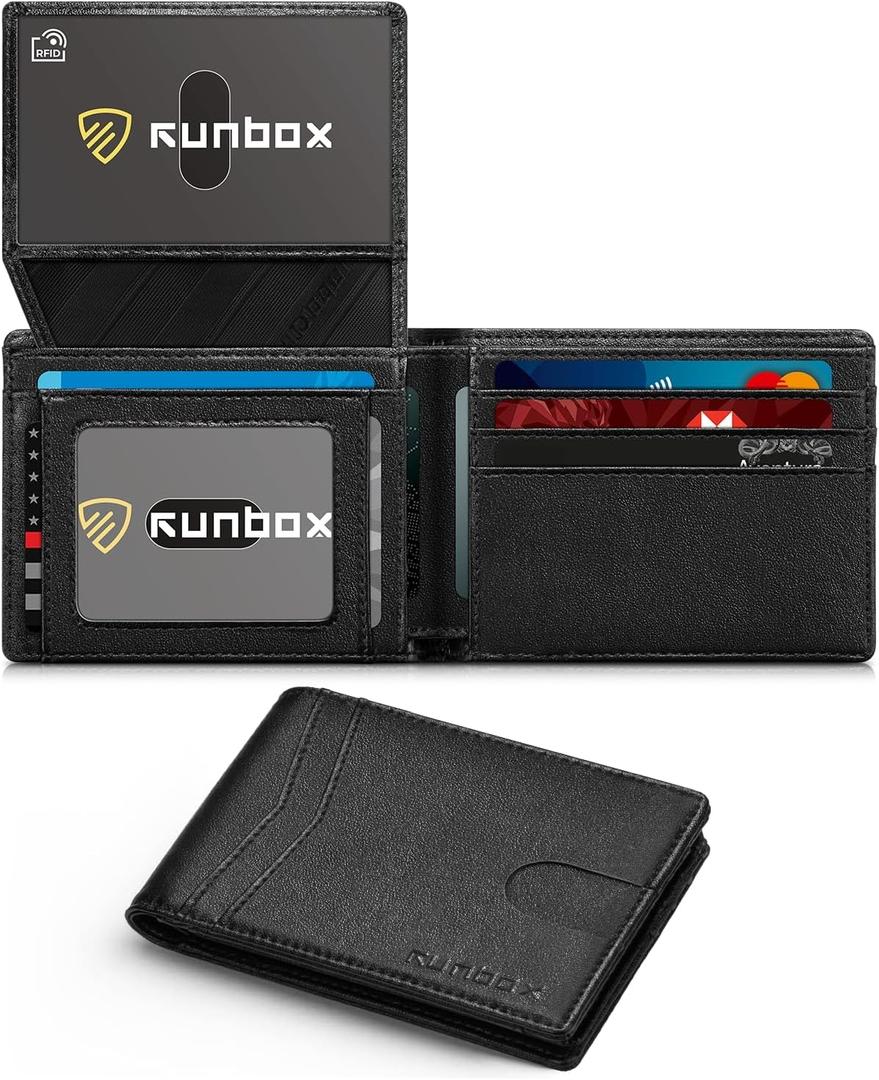 RUNBOX Wallet for Men Slim Rfid Leather 2 ID Window With Gift Box | Slim, Rfid, 2 ID Window, With Gift Box, Slim, Rfid (Black-Vegetable tanned leather)