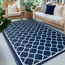 Waterproof Outdoor Rug 8x10 ft, Reversible Plastic Straw Rug, Easy to Clean Patio Rug, Portable Carpet for Patio, RV, Deck, Balcony, Backyard, Picnic, Beach, Clover, Navy Blue
