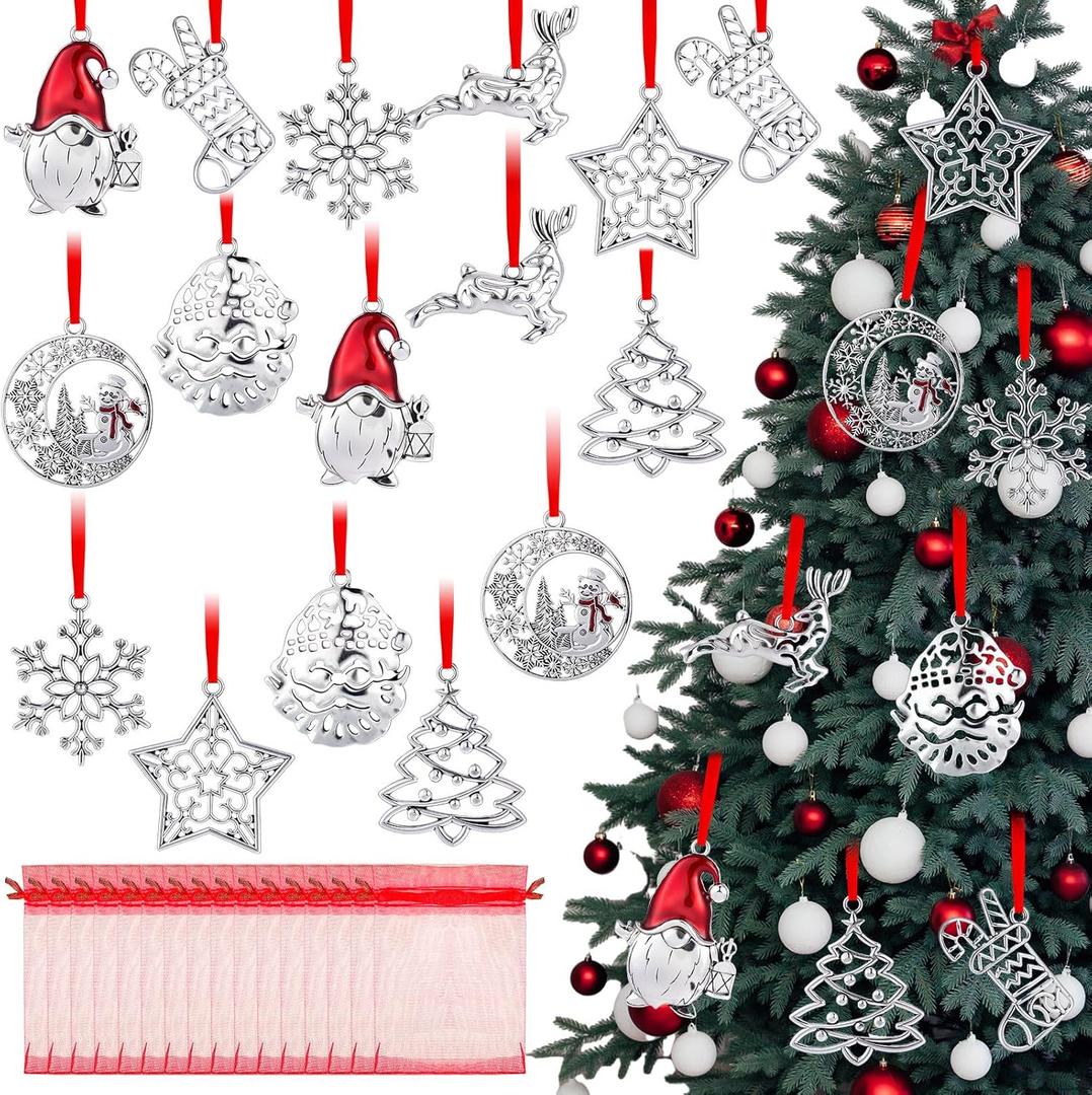 Soulchen 16 Pcs Christmas Ornament 2025 with Red Organza Bags Solid Pewter Christmas Tree Ornament Silver Metal Snowman Santa Snowflake Reindeer Hanging Craft for Xmas Trees Home Party Party