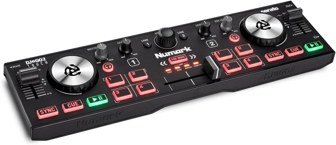 Numark DJ2GO2 Touch  Compact 2 Deck USB DJ Controller For Serato DJ with a Mixer / Crossfader, Audio Interface and Touch Capacitive Jog Wheels,Black