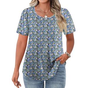 IN'VOLAND Plus Size Womens Tunic Tops Short Sleeve Crew Neck Pleated T Shirts Loose Dressy Casual Blouses 5X Floral Blue