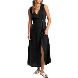 Amazhiyu Women's 100% Linen Summer Sleevelesss V-Neck Wrap Midi Dresses Casual (Large, Black)