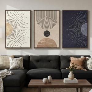 Framed Large Boho Neutral Abstract Wall Art for Living Room, Black Beige Sun and Moon Paintings Prints for Hallway Office, Set of 3 Piece Modern Minimalist Canvas Artwork Pictures 24x36 Inch