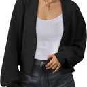 Women's Open Front Cropped Cardigan Lightweight Fall Long Sleeve Waffle Knit Cardigans (Black, S)