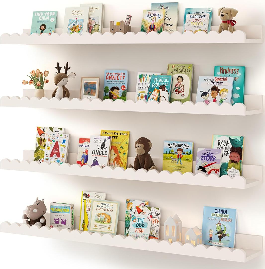 Shario Nursery Book Shelves, 4-Pack White Floating Shelves for Wall Kids, Scalloped Shelves, Wall Book Shelves for Bedroom Kids, Toddler Room, Baby Room, Nursery Decor (White, 36 Inches)