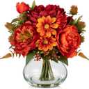 Fake Peony Flowers in Vase Fall Table Centerpiece Faux Floral Arrangement in Vase Autumn Artificial Flowres for Tables Orange Silk Flowers Arrangement