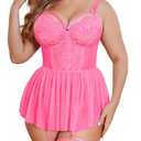 Avidlove Lace Lingerie Plus Size Baby doll Women Sexy Chemise Exotic Nightgowns Bridal Nightdress (Hot Pink, XL)