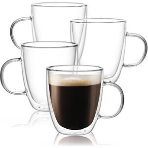 CNGLASS Large Glass Coffee Mugs 17oz, Double Walled Insulated Clear Coffee Cups with Handle, Clear Espresso Mugs for Cappuccino, Latte, Tea Bags, Hot and Cold Beverages, Set of 4