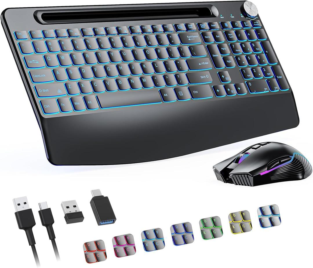 Attoe 2.4G Wireless Keyboard and Mouse Combo, Rechargeable Ergonomic Wireless Computer Keyboard with 7 Colored Backlits, Phone Holder, Volume Knob for Mac Windows Laptop PC