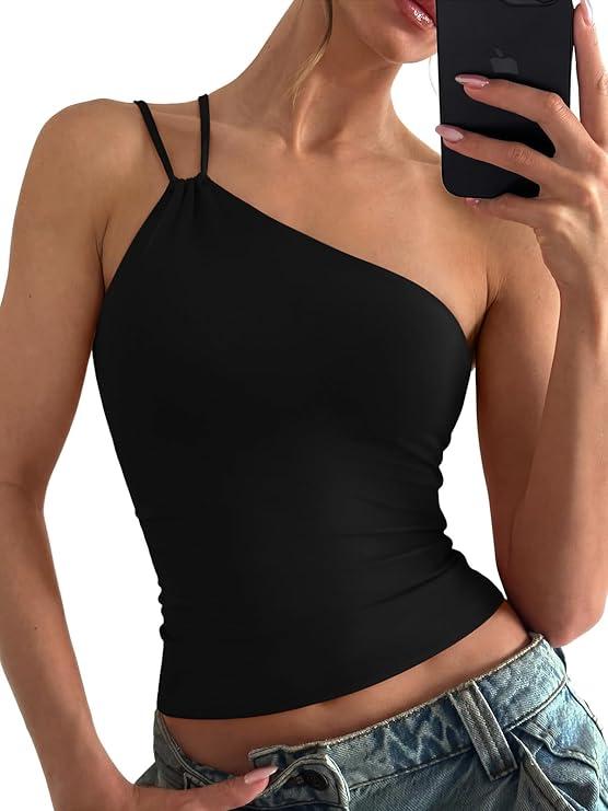 REORIA Off the Shoulder Tops for Women Summer Sleeveless Sexy Going Out Tank One Shoulder Top 2026 Trendy Clothes, Size Small