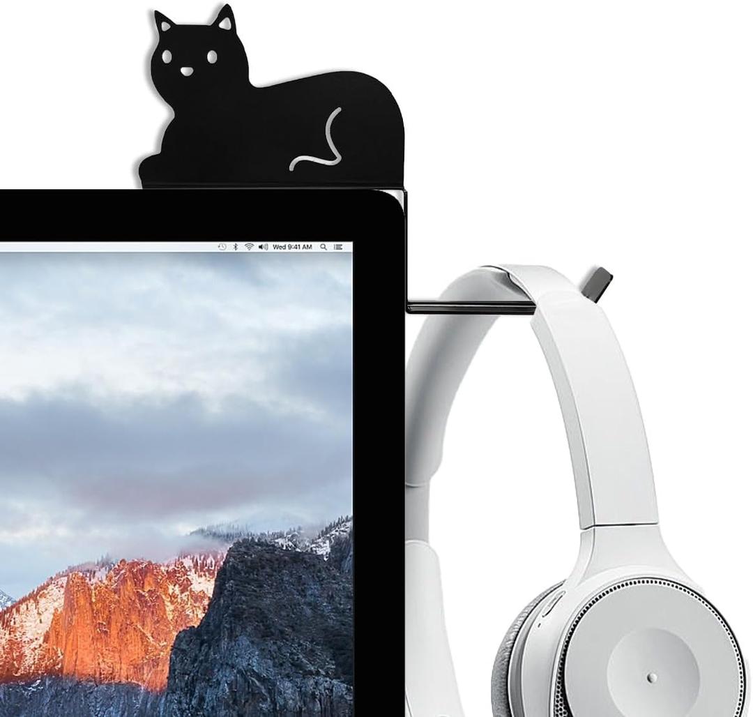Monitor Stand, Puppy Tail Hook for Headphone, Saves Desk Space and Protects Headphones, Organizer Decorative Hanger for Hanging Keys Cables and More (Black (Cat))