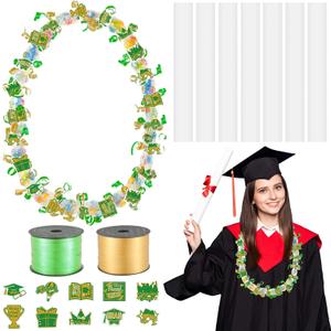 Teling 60 Set Graduation Candy Lei Making Kit Hawaiian Candy Lei Tubing Kit Includes 60 Pcs Candy Lei Bags 2 Rolls Ribbons 600 Pcs Paper Cut for Graduation Party Gift(Dark Green, Gold)