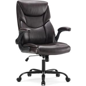 Sweetcrispy Computer Gaming Chair, Ergonomic High Back Heavy Duty Task Desk Office Chairs with Wheels, Flip-up Arms, Adjustable Height, PU Leather, Brown