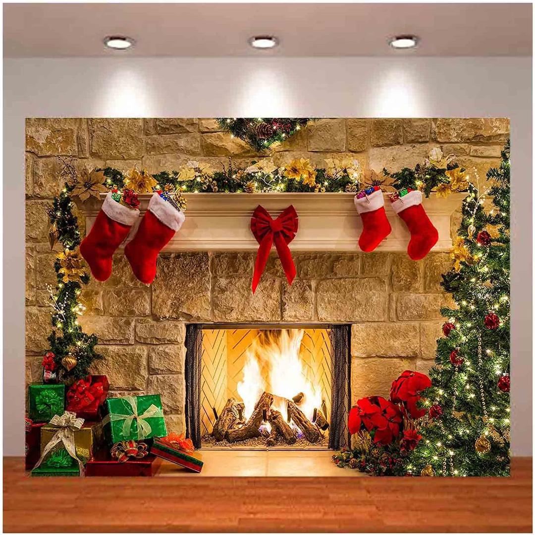 XLL Christmas Photography Backdrops Christmas Fireplace Decoration Background for Photo Happy Holiday Party Decoration Props 7x5FT(210CM X 150CM)