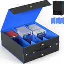 Budding Joy Card Deck Box for MTG with Small Case, 1800+ Commander Trading Card Storage Box with Portable Handle, Magnetic Deck Case Fits for Top Loader TCG, PTCG, Sports, Magic Cards, Black Blue (3 Rows)