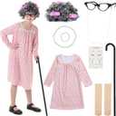 VICAMB Girls 100th Day of School Costume Kids Old Lady Granny Dress Outfit with Wig, Glasses, Cane & Accessories,13-Piece, S (5-7 Years)