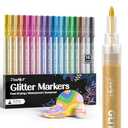 JusArt 16 Colors Glitter Markers, Glitter Paint Pens Sparkly and Shiny for DIY Card Making, Coloring, Scrapbooking, Glass, Wood, Stone, Fabric, Rock - 0.7mm Extra Fine Acrylic Paint Markers