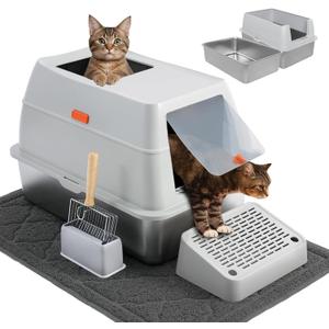 Stainless Steel Cat Litter Box, 4-in-1 Cat Metal Litter Box Set, Extra Large Top Entry Litter Box Enclosed, with Litter Mat, Litter Scoop, Light Grey (gray)