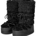 IXU Women's Fuzzy Snow Boots Winter Mid Calf Faux Fur Boots Lace-up Warm Winter Boot (5, Black)
