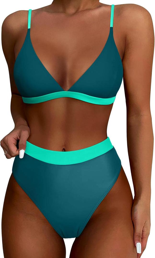 High Waisted Bikini Set for Women Two Piece Tummy Control Bathing Suit V Neck Triangle Swimsuit Color Block (Medium)