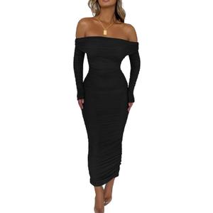 PRETTYGARDEN Women's Fall Off Shoulder Maxi Bodycon Dress Long Sleeve Ruched Fitted Club Dresses with Slit (Black, Large)