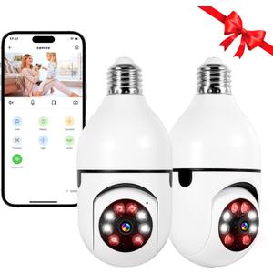 TOWODE 2K Light Bulb Security Camera Outdoor 2 Packs, 2.4GHz Wi-Fi Wireless Home Security Camera with 2 Way Talk, Color Night Vision, AI Human Detection, E27 Screw in Light Socket, White