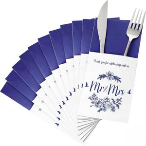 LemonRoad 50 Pcs Wedding Silverware Bags Bulk Party Decorations Wedding Flatware Organizers Silverware Holders Paper Utensil Holders Cutlery Sleeves for Guests Dinner (Royal Blue)