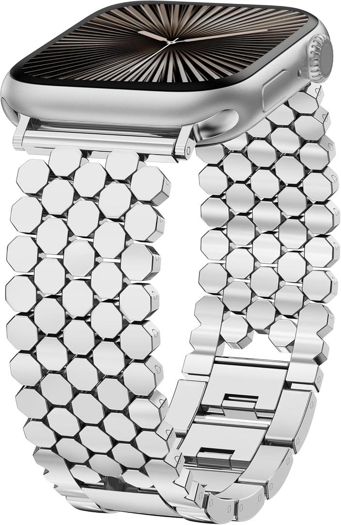 Minyee Compatible with Apple Watch Band 41/40/38/44/45/46/49/42mm Women, Dressy Honeycomb Metal Strap Designer Gold Silver Link Bracelet Wristband for iWatch Series 10 9 8 7 6 5 4 3 Ultra SE (38/40/41/42mm(Serise 10))